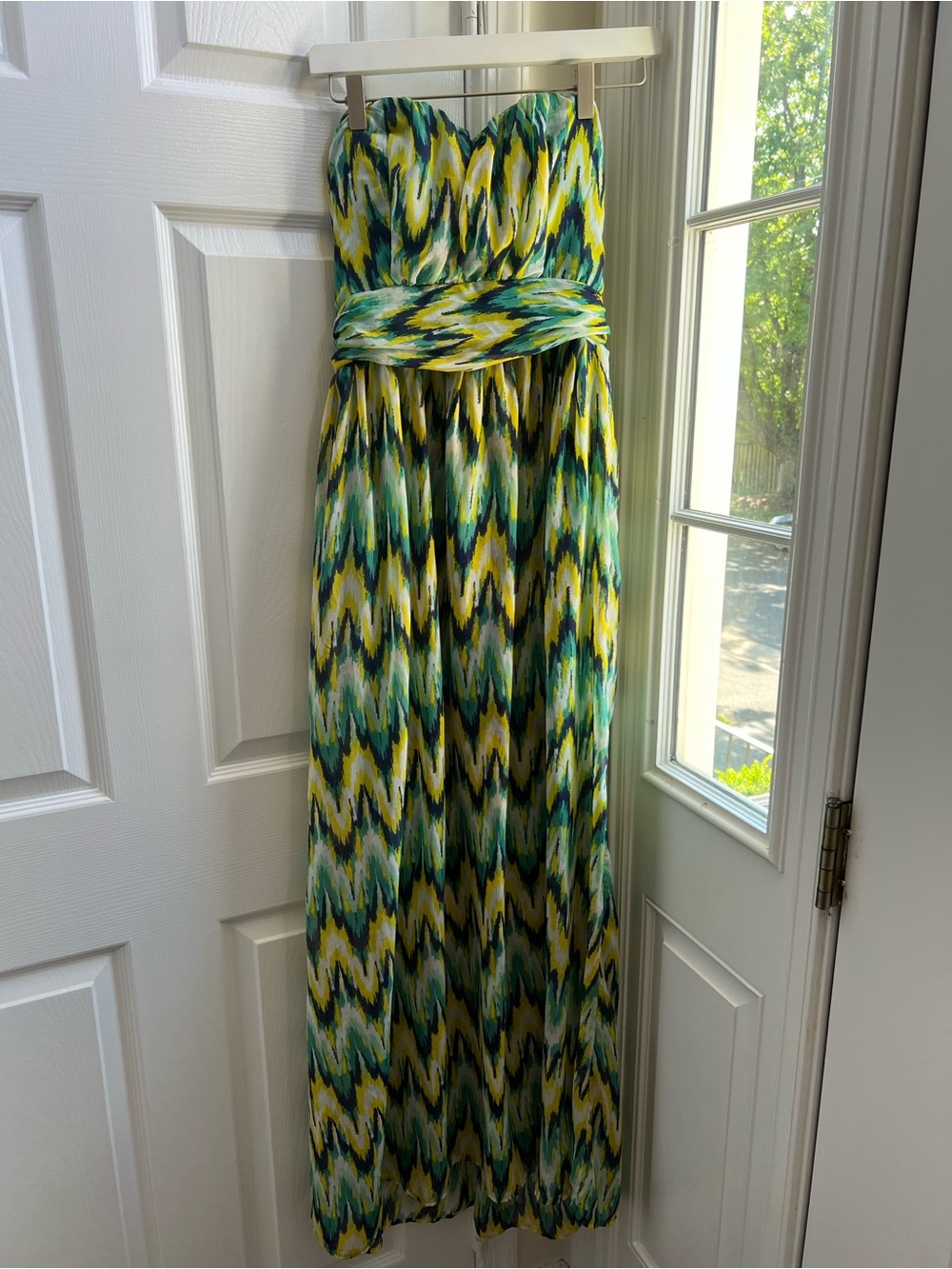 Harper Strapless Maxi Dress in Green and Yellow Ikat Print